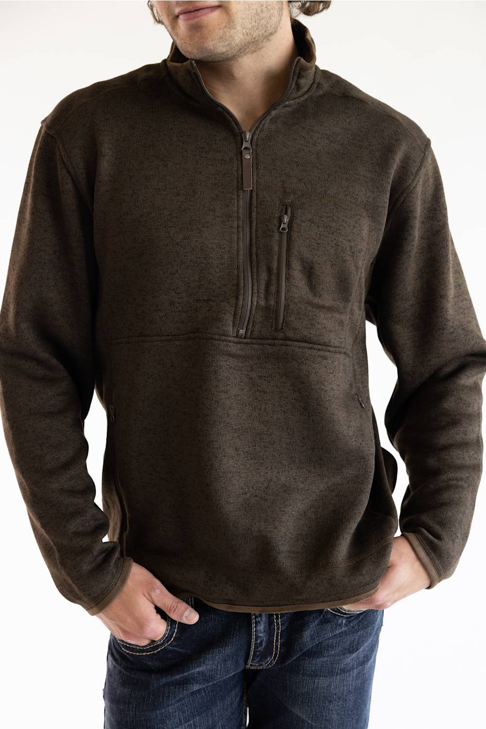 A man wearing the Hallstatt Fleece Quarter Zip Pullover for Men in Heather Brown with a full zip front, knit-like material, vertical zipper pocket on the chest, and front hand pockets.