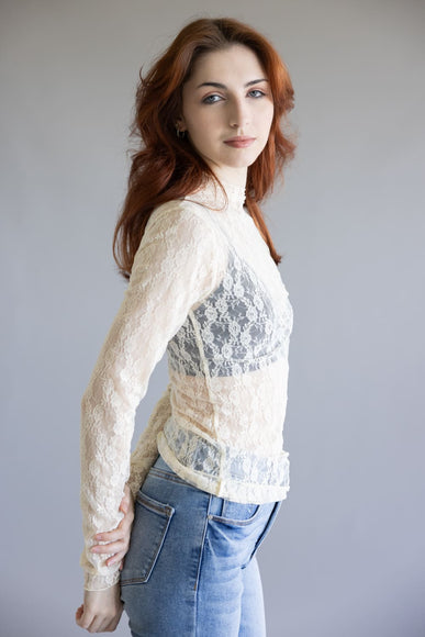 High Neck Lace Sheer Layering Top for Women in Champagne