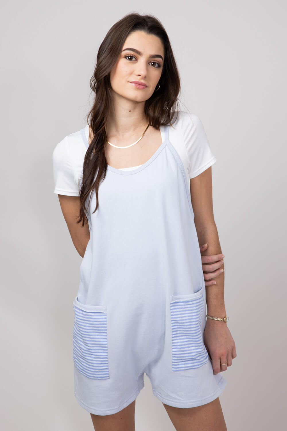 Illa Illa Striped Patch Romper for Women in Light Blue