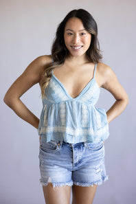 Embroidered Peplum Top for Women in Light Blue