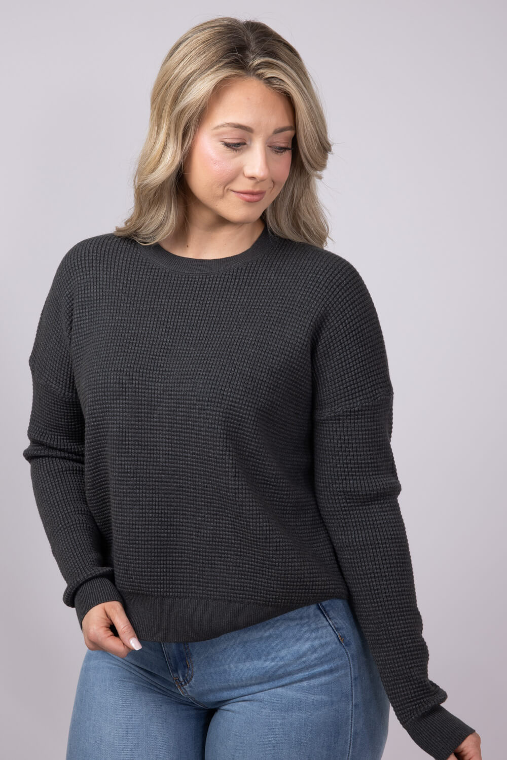Drop Shoulder Waffle Sweater for Women in Heather Charcoal