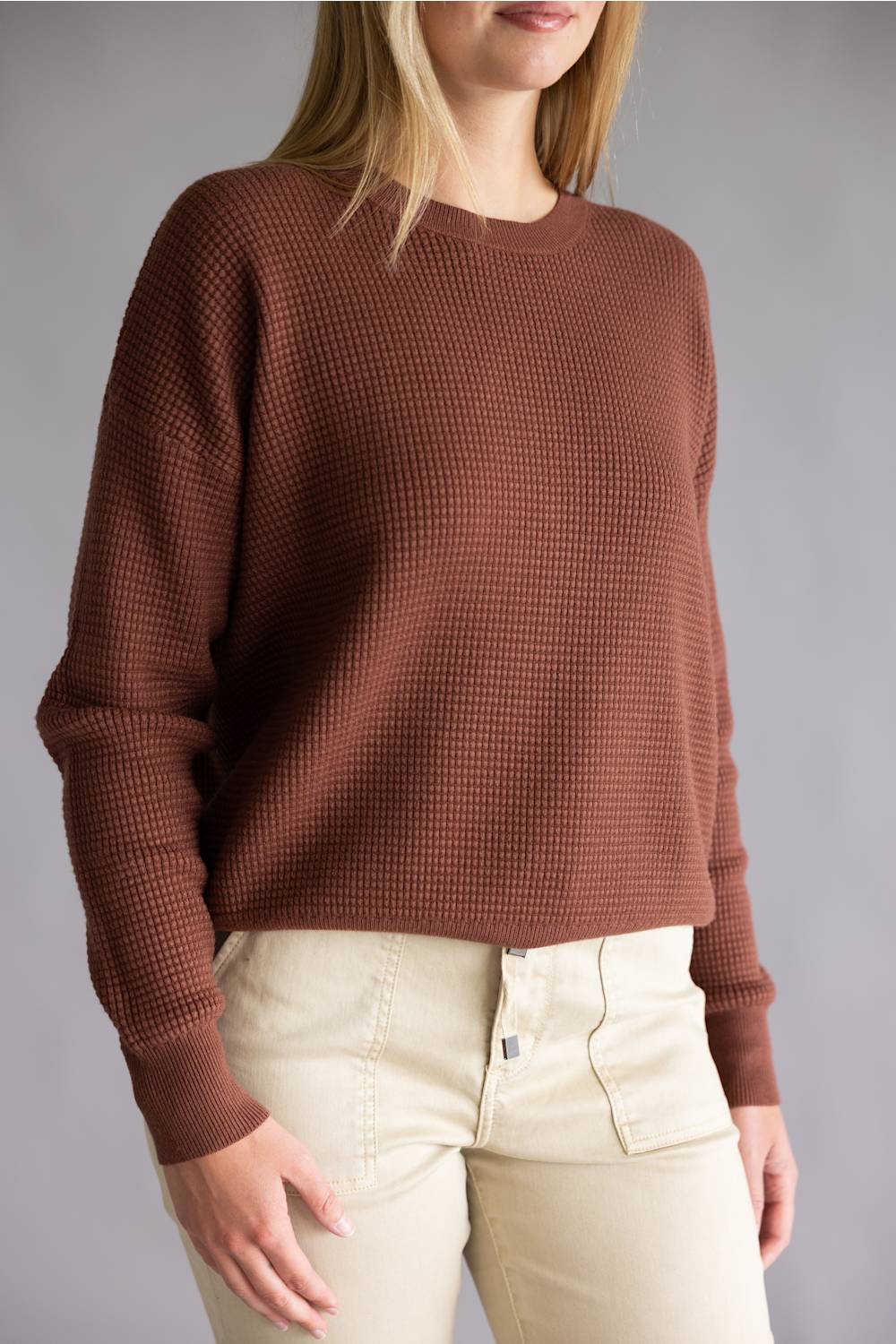 Tea N Rose Drop Shoulder Waffle Sweater for Women in Puce