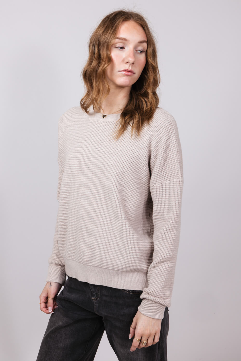 Drop Shoulder Waffle Sweater for Women in Stone