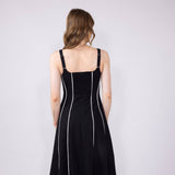 Linen Piping Midi Dress for Women in Black