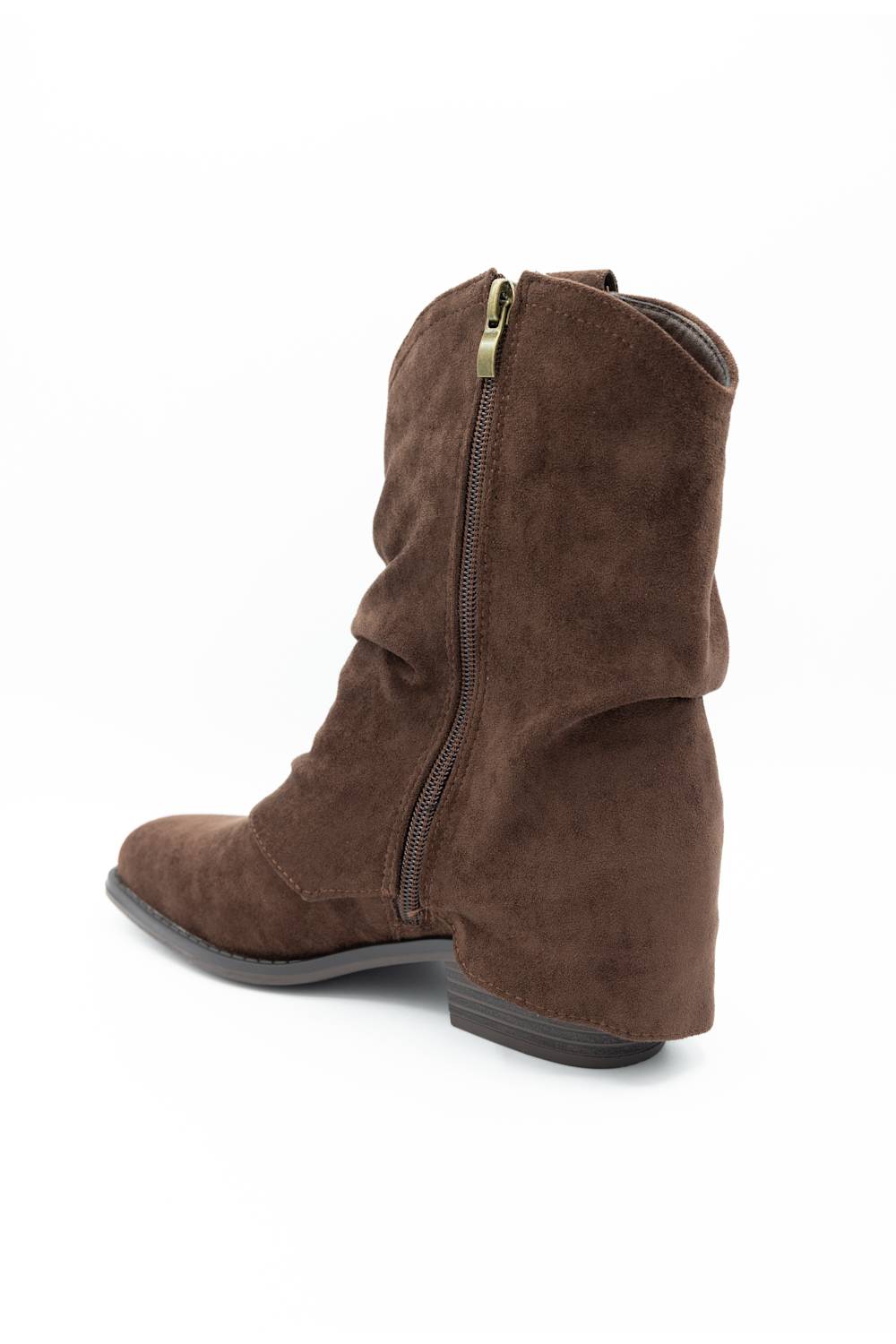 A brown suede ankle boot with a side zipper, shown from a rear three-quarter angle on a white background.