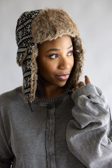 Faux Fur Trapper Hat for Women in Snowflake Black 