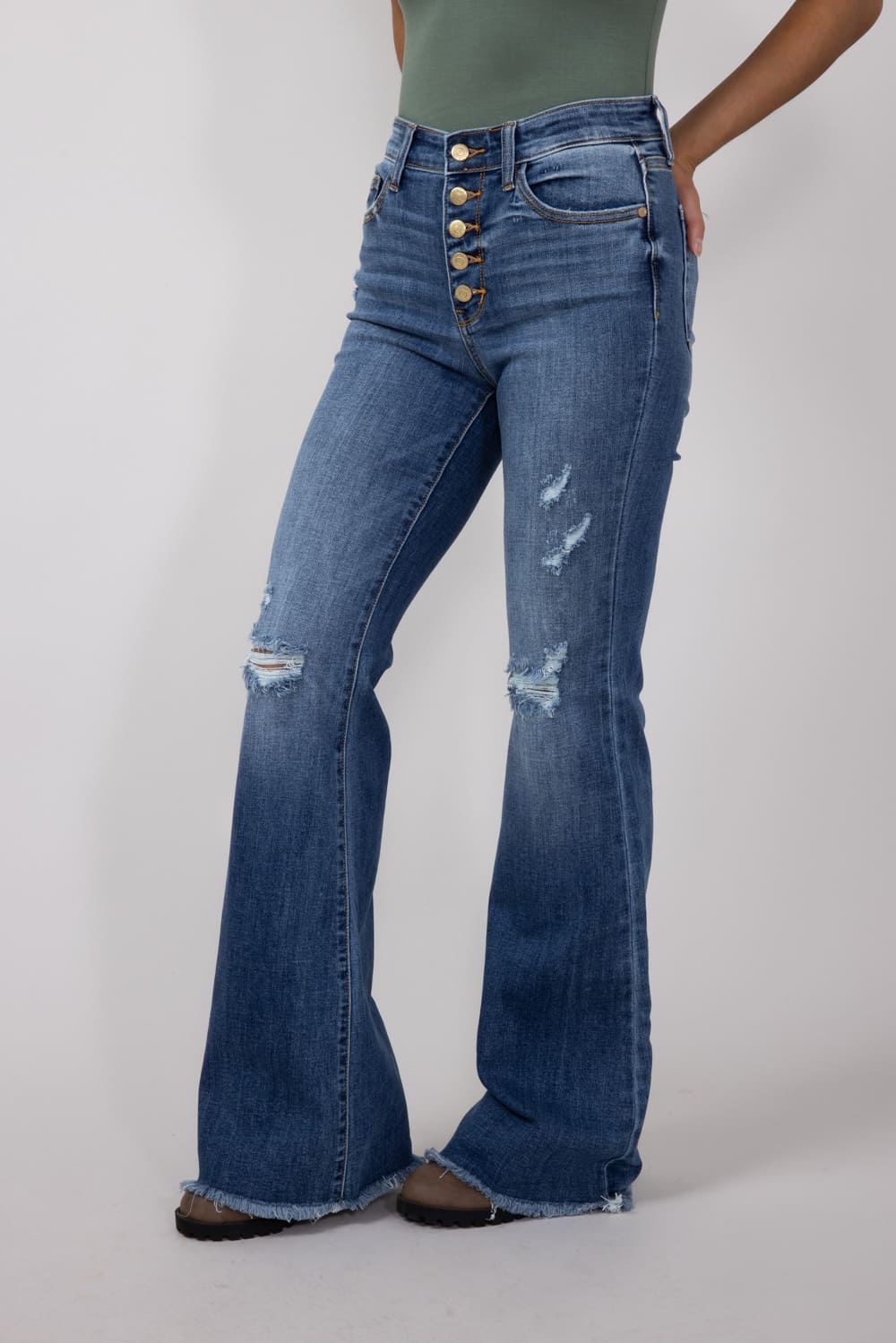 Judy Blue Mid Rise Medium Wash Flare Frayed Hem Distressed Jeans for Women