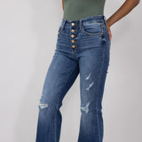 Judy Blue Mid Rise Medium Wash Flare Frayed Hem Distressed Jeans for Women