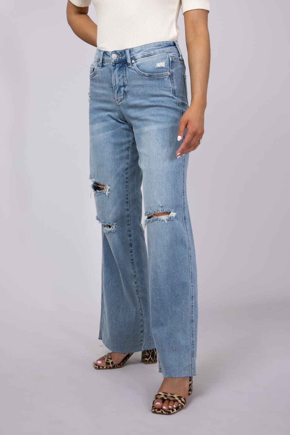 Judy Blue Mid Rise Ripped Wide Leg Jeans for Women