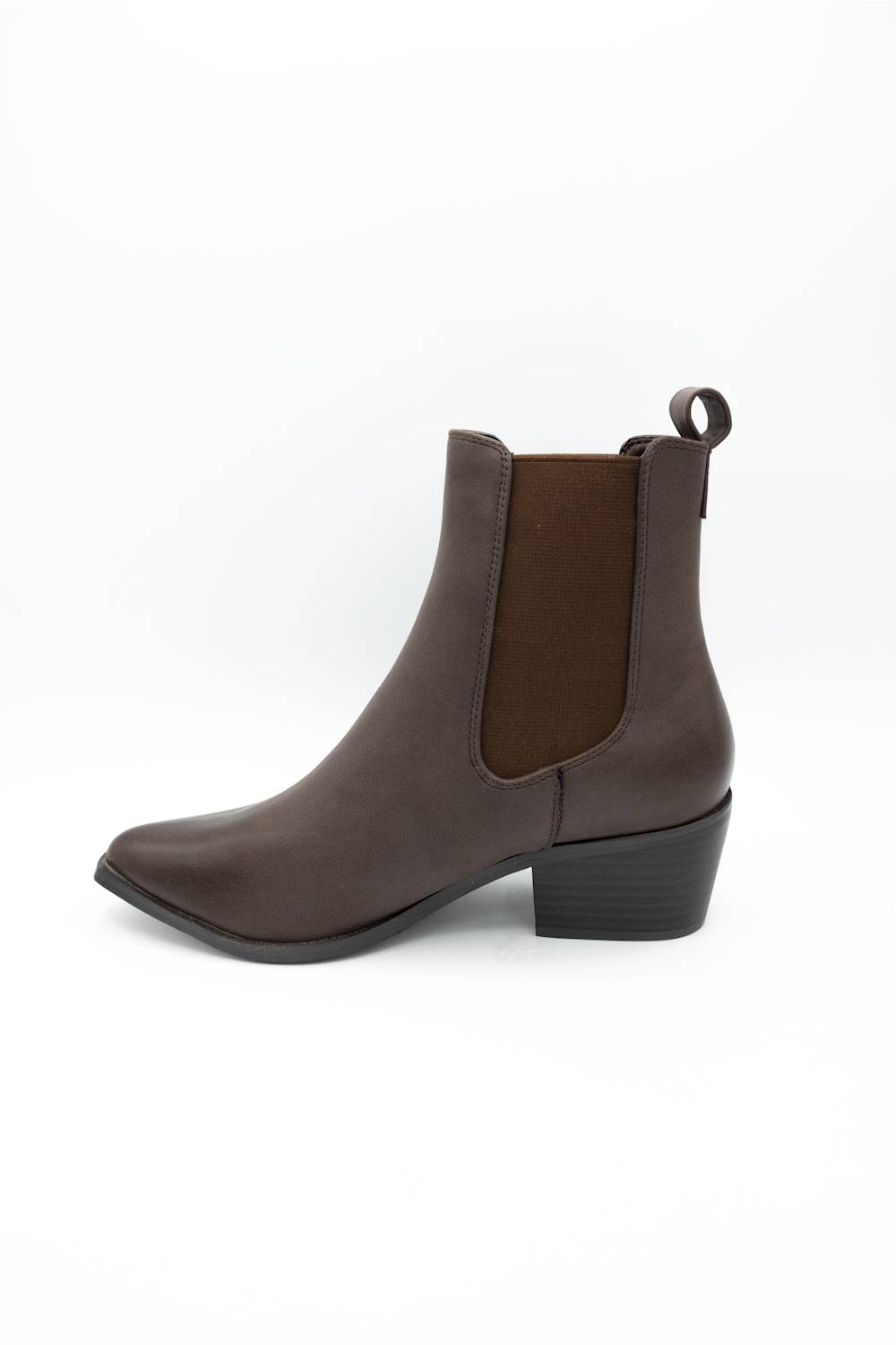 A dark brown leather ankle boot with a low block heel and a contrasting brown elastic side panel, shown from a side profile on a white background.