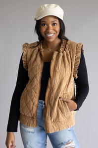 Garment Washed Quilted Ruffle Sleeve Vest for Women in Brown