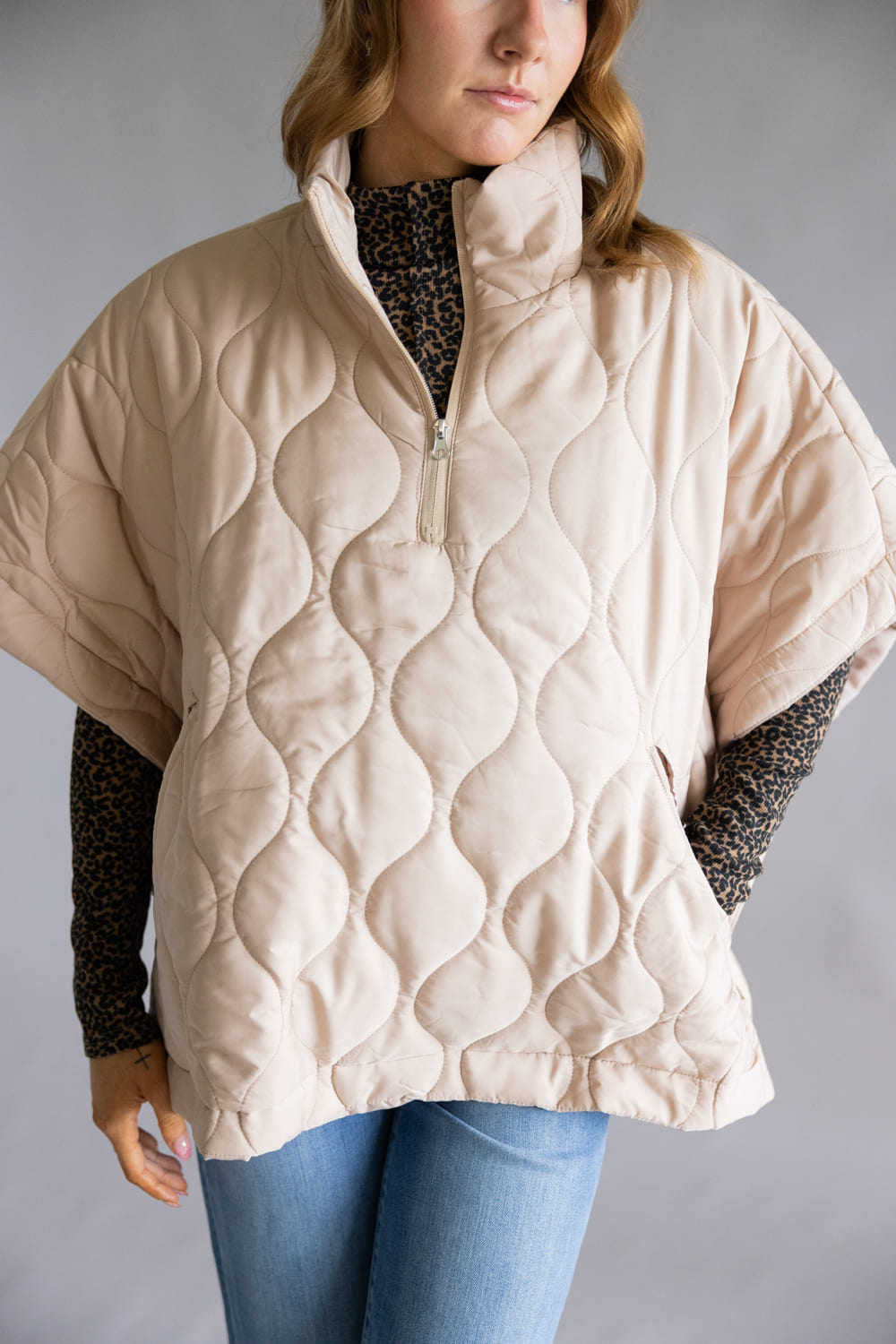 Quilted Puffer Poncho Quarter Zip for Women in Beige