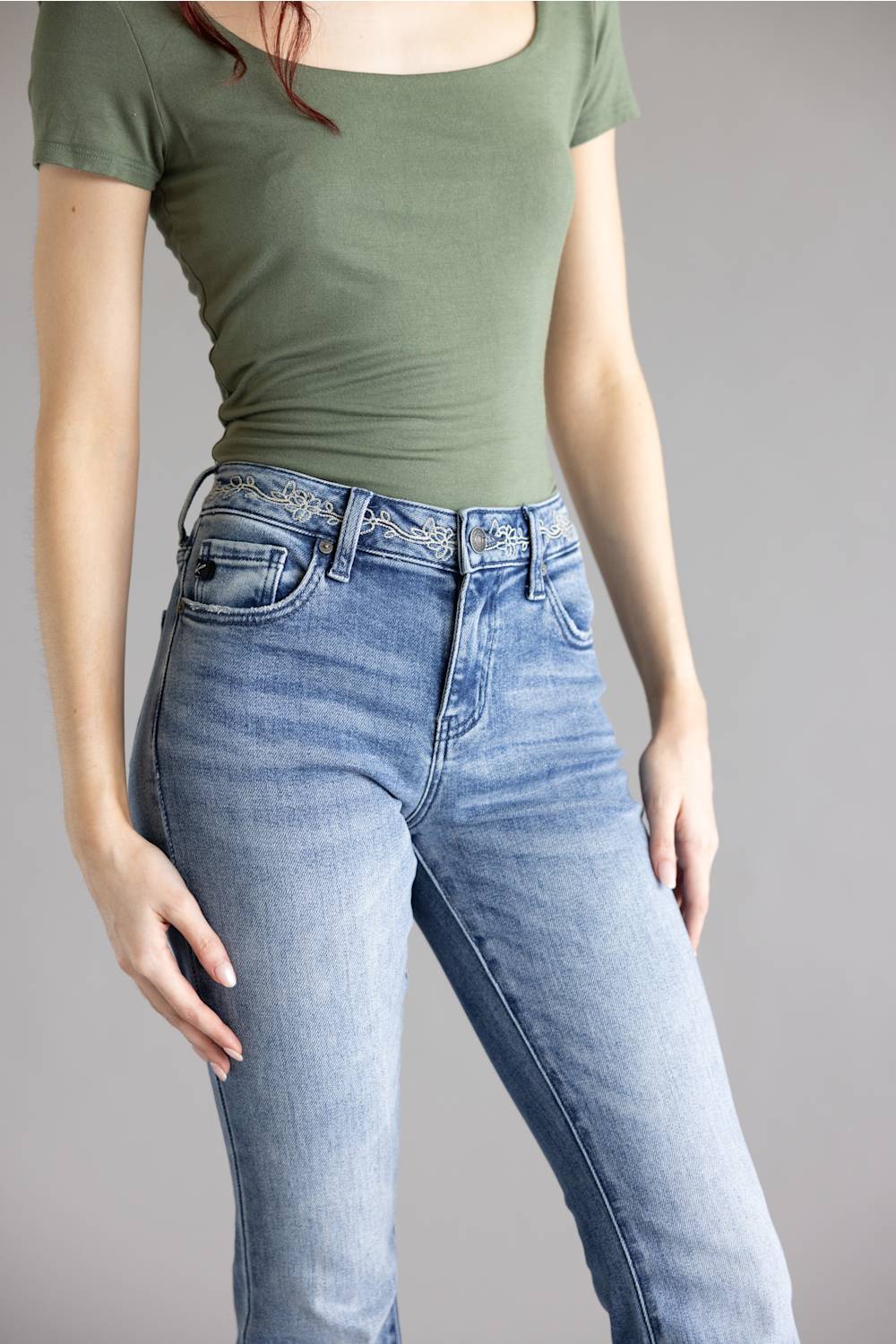 KanCan Embroidered Mid Rise Flare Jeans for Women