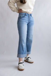 KanCan Mid Rise Crop Wide Cuffed Leg Jeans for Women