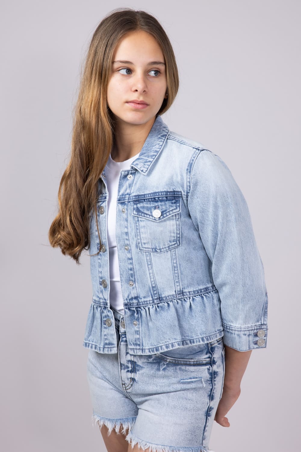 KanCan Youth Peplum Ruffle Denim Jacket for Girls in Light Wash