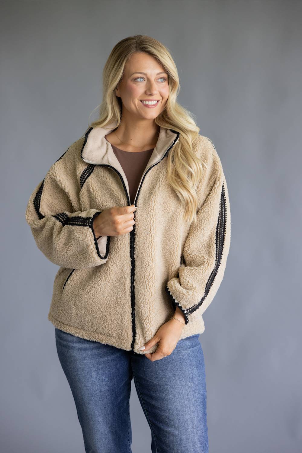 Katydid Sherpa Crochet Jacket for Women in Tan