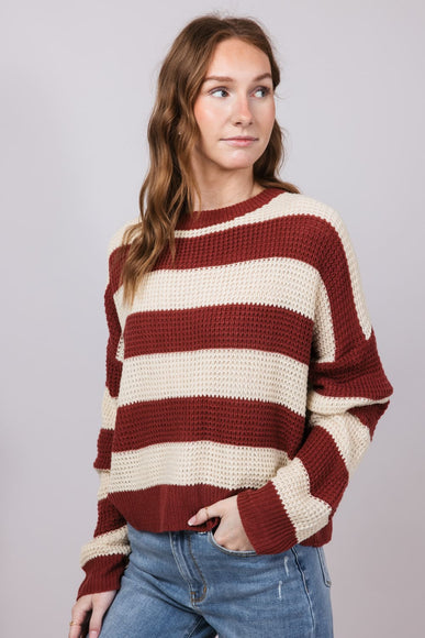 La Miel Striped Waffle Sweater for Women in Red Bean