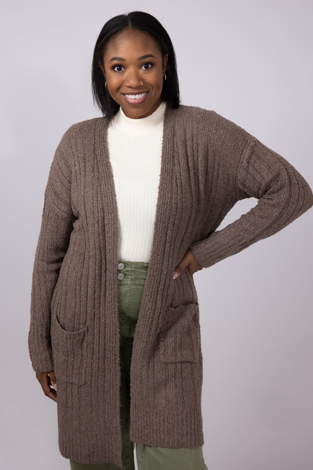 Ribbed Cardigan with Pockets for Women in Heather Mocha Bisque
