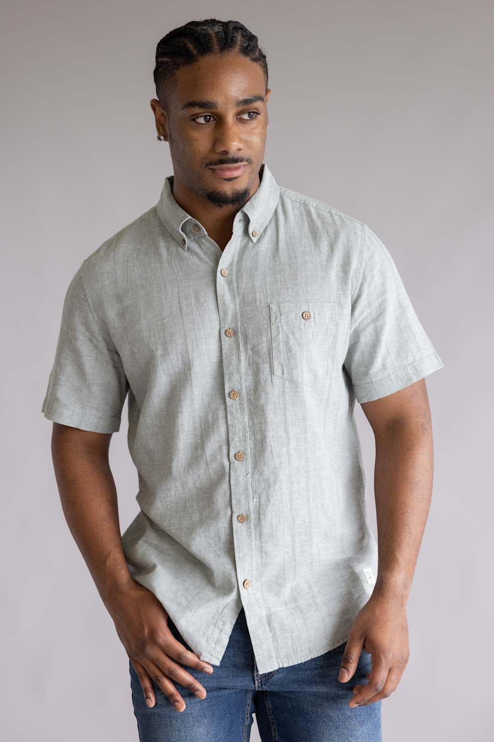 Weatherproof Vintage Cotton Linen Stripe Button Up Shirt for Men in Seagrass