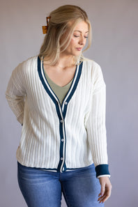 Simply Southern Oversized Long Varsity Cardigan for Women in White/Navy