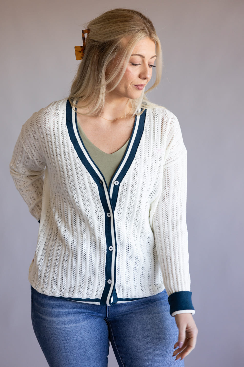 Simply Southern Oversized Long Varsity Cardigan for Women in White/Navy