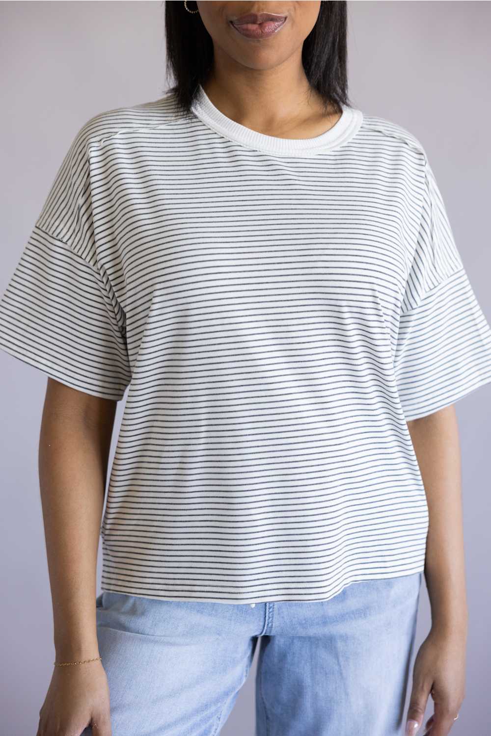 La Miel Basic Striped Drop Shoulder Top hear grey stripe