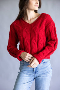 La Miel V-Neck Cable Knit Sweater for Women in Red