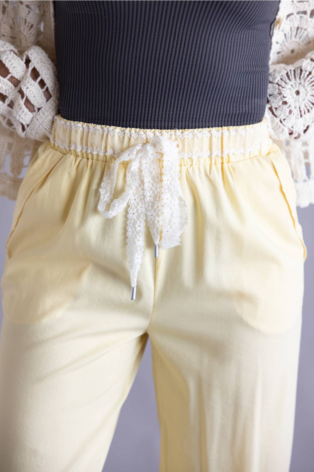 Lace Trim Drawstring Pants for Women in Yellow