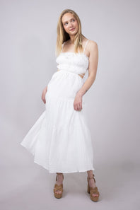 Ruffle Bodice Side Cut Out Dress for Women in White