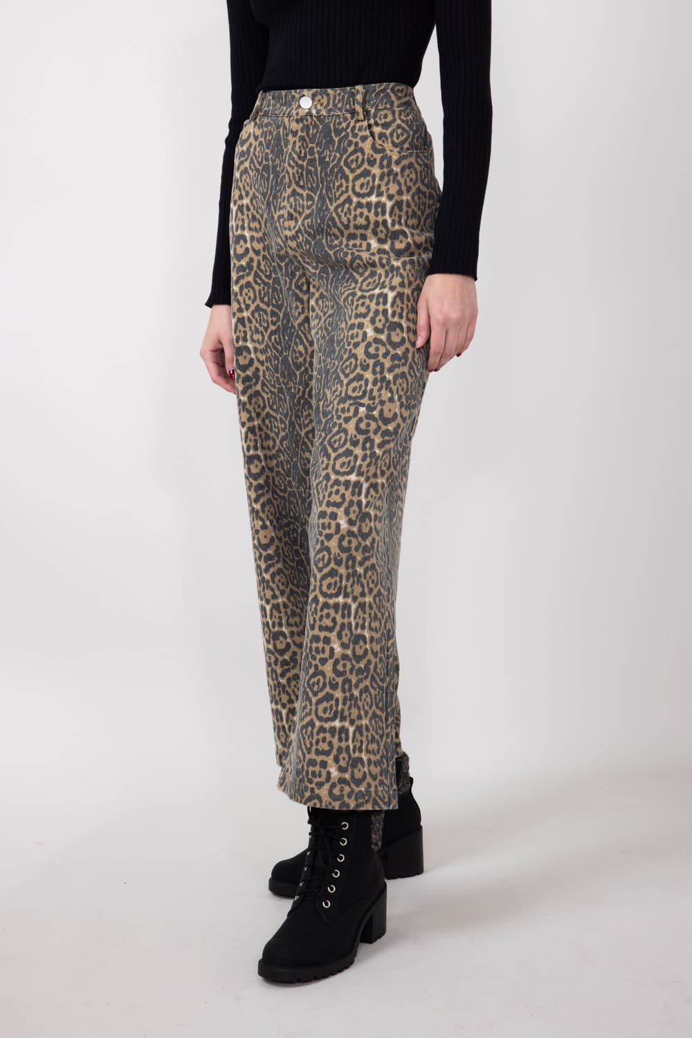 Leopard Print Twill Pants for Women in Charcoal Tan