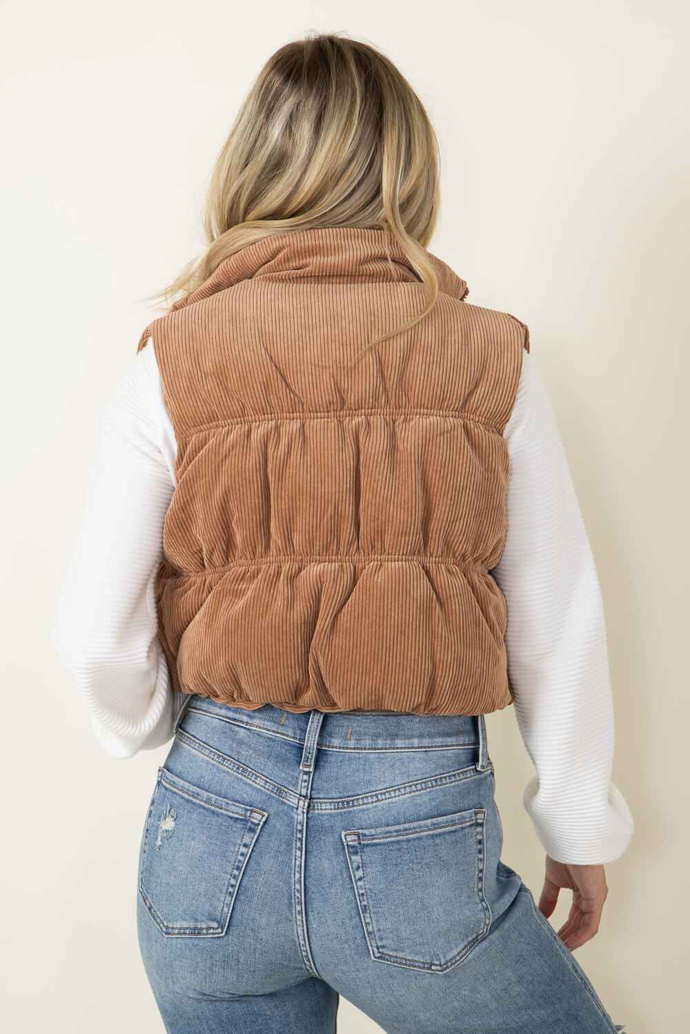 Love Tree Cropped Corduroy Puffer Vest for Women in Brown