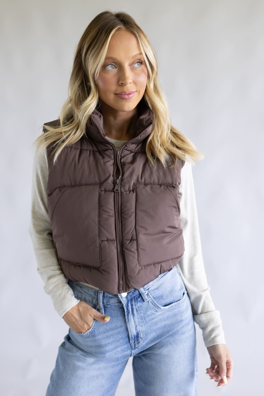 Love Tree Cropped Puffer Vest for Women in Espresso