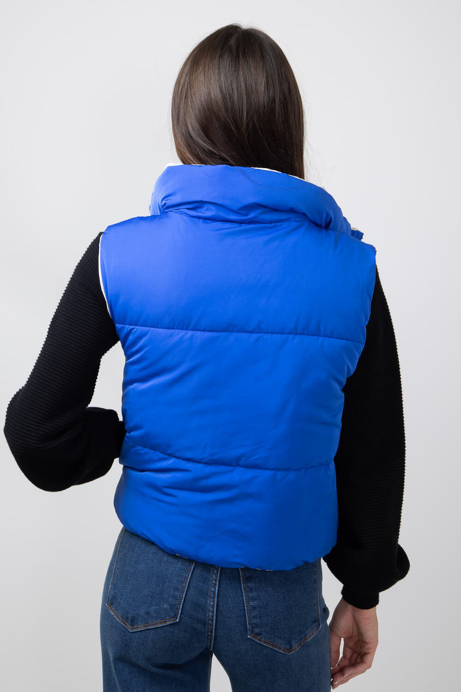 Love Tree Cropped Reversible Puffer Vest for Women in Blue Love Tree Cropped Reversible Puffer Vest for Women in Blue