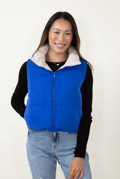 Love Tree Cropped Reversible Puffer Vest for Women in Blue/Beige