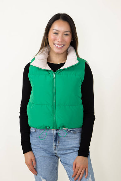 Love Tree Cropped Reversible Puffer Vest for Women in Green/Beige