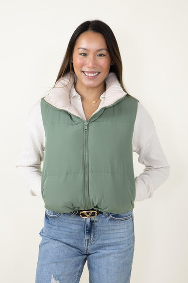 Love Tree Cropped Reversible Puffer Vest for Women in Olive/Beige
