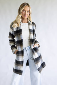 Love Tree One Button Plaid Long Coat for Women in Combo Black 
