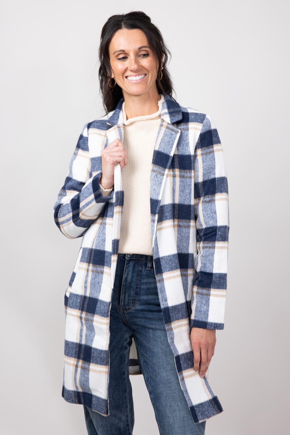 Love Tree Plaid Full Length Coat for Women in Navy 80173JH-NAVY