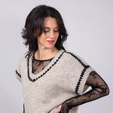 Aaron & Amber Embroidered V-Neck Sweater Vest for Women in Oatmeal