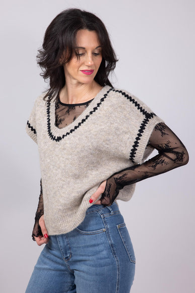 Aaron & Amber Embroidered V-Neck Sweater Vest for Women in Oatmeal