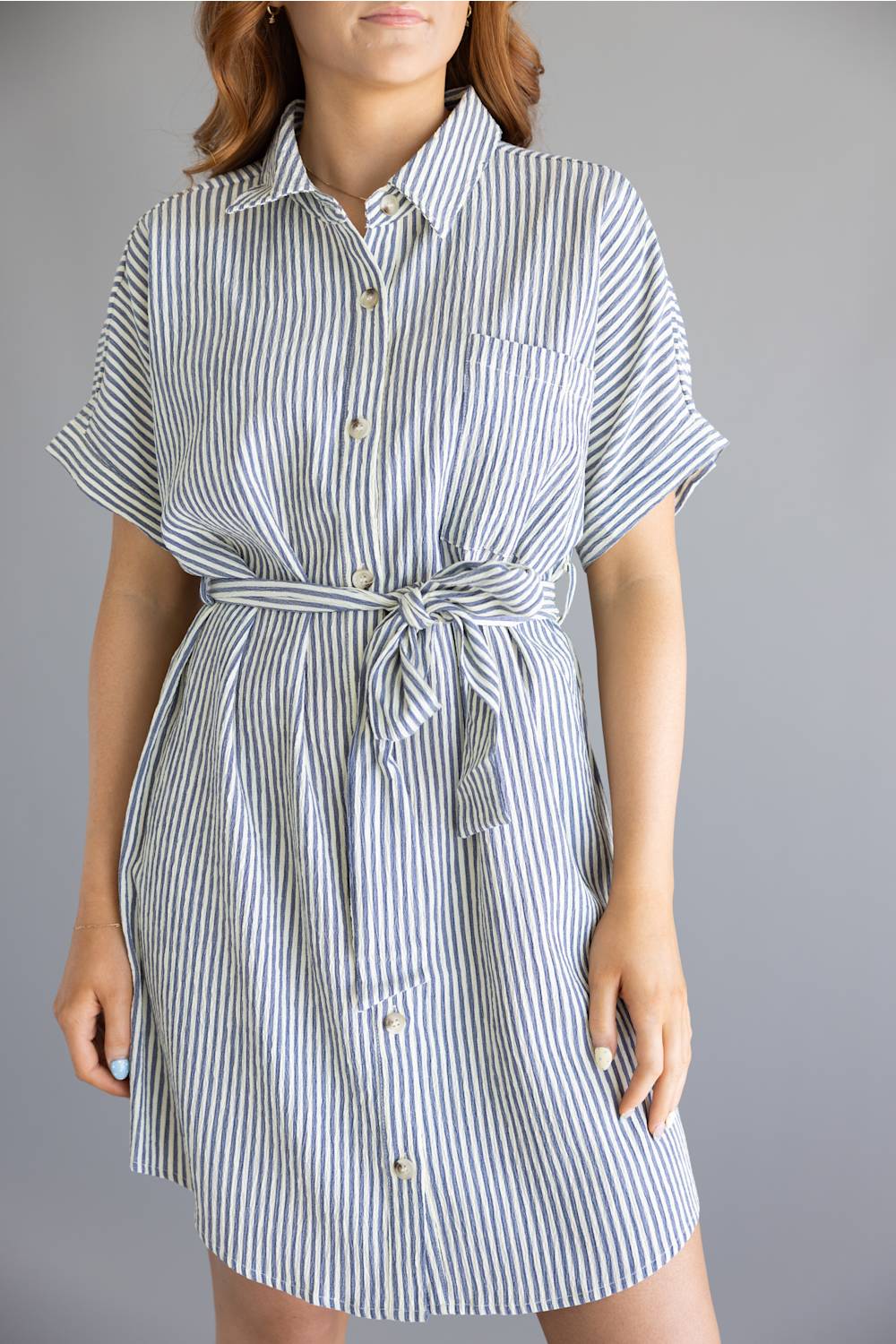 Striped Button Front Tie Waist Midi Dress for Women in Navy/Cream 