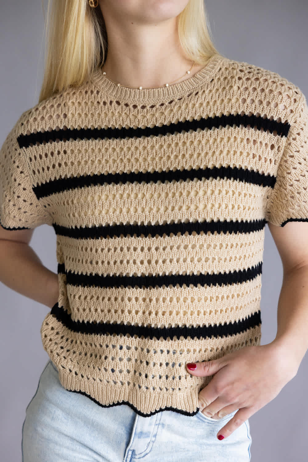Striped Crotchet Knit Sweater Top for Women in Brown/Black