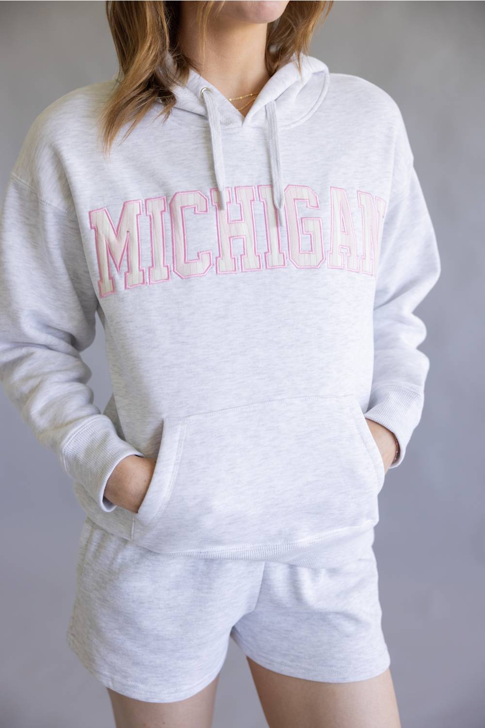 Striped Michigan Embroidered Hoodie for Women in Grey