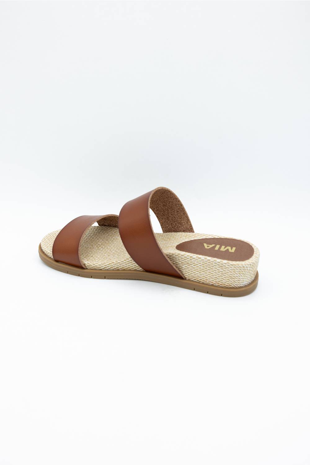 MIA Yelena Slide Sandals for Women in Cognac; Brown sandal with 'MIA' branding on a white background
