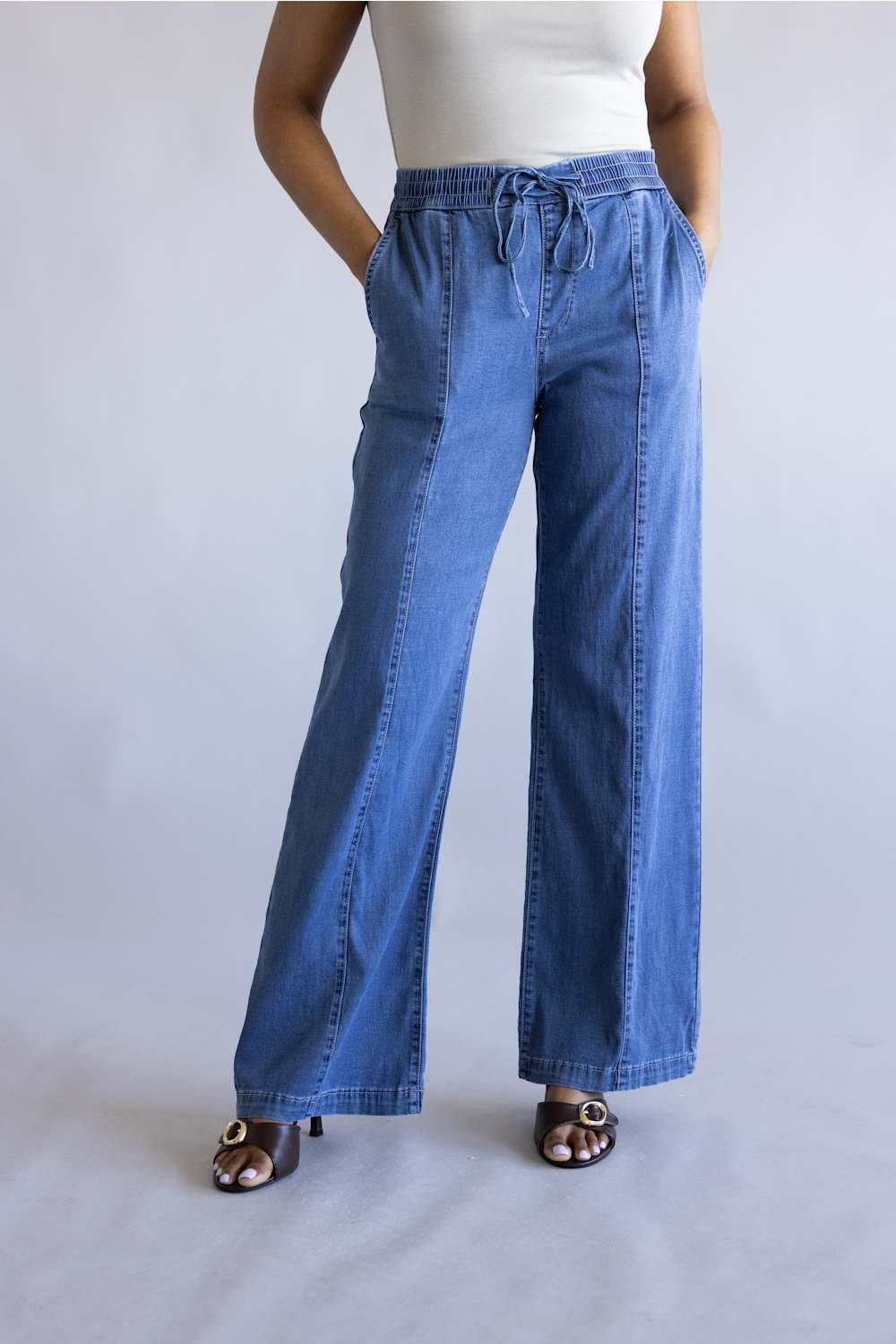 Mica High Rise Drawstring Wide Leg Pants for Women in Denim | MDP