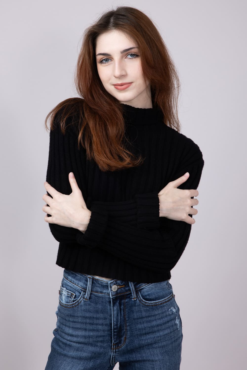 Ribbed Mock Neck Cropped Sweater for Women in Black