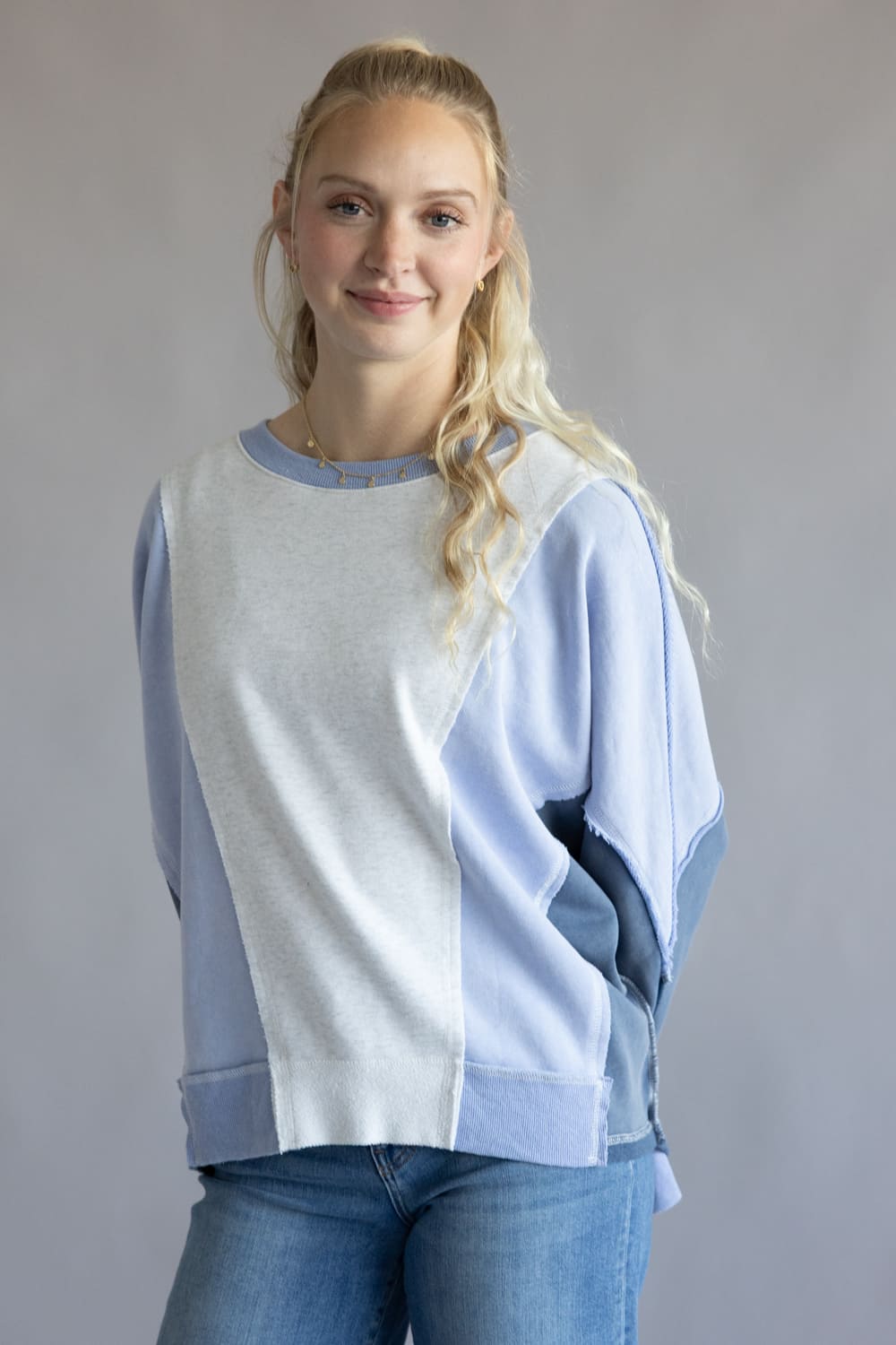 Mineral Wash Color Block Pullover for Women in Blue Combo 