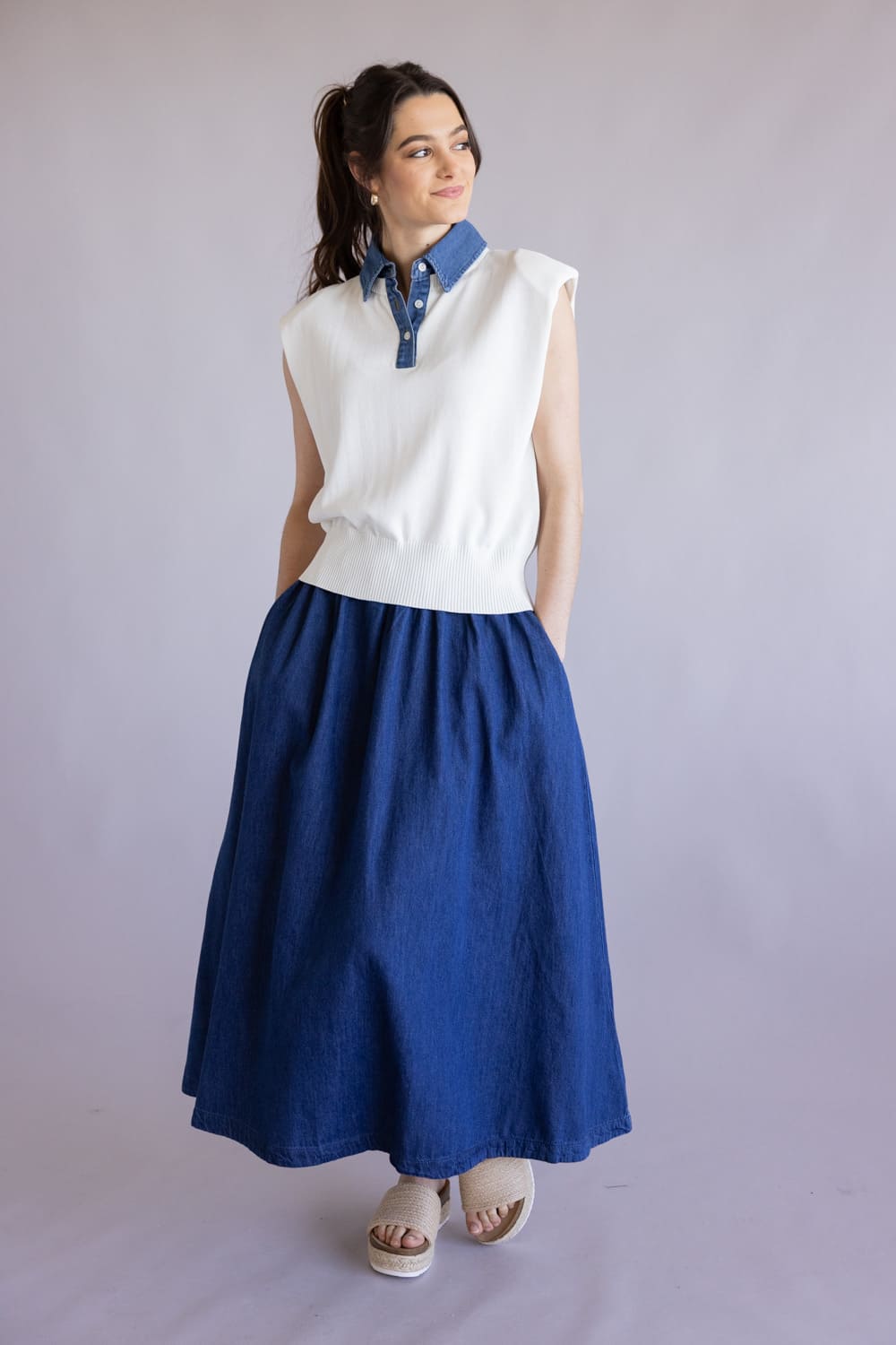 Elan Cap Sleeve Denim Accent Sweater for Women in White
