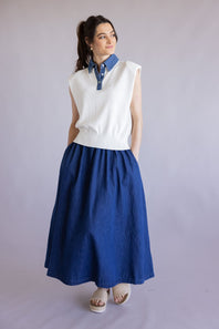 Elan Cap Sleeve Denim Accent Sweater for Women in White