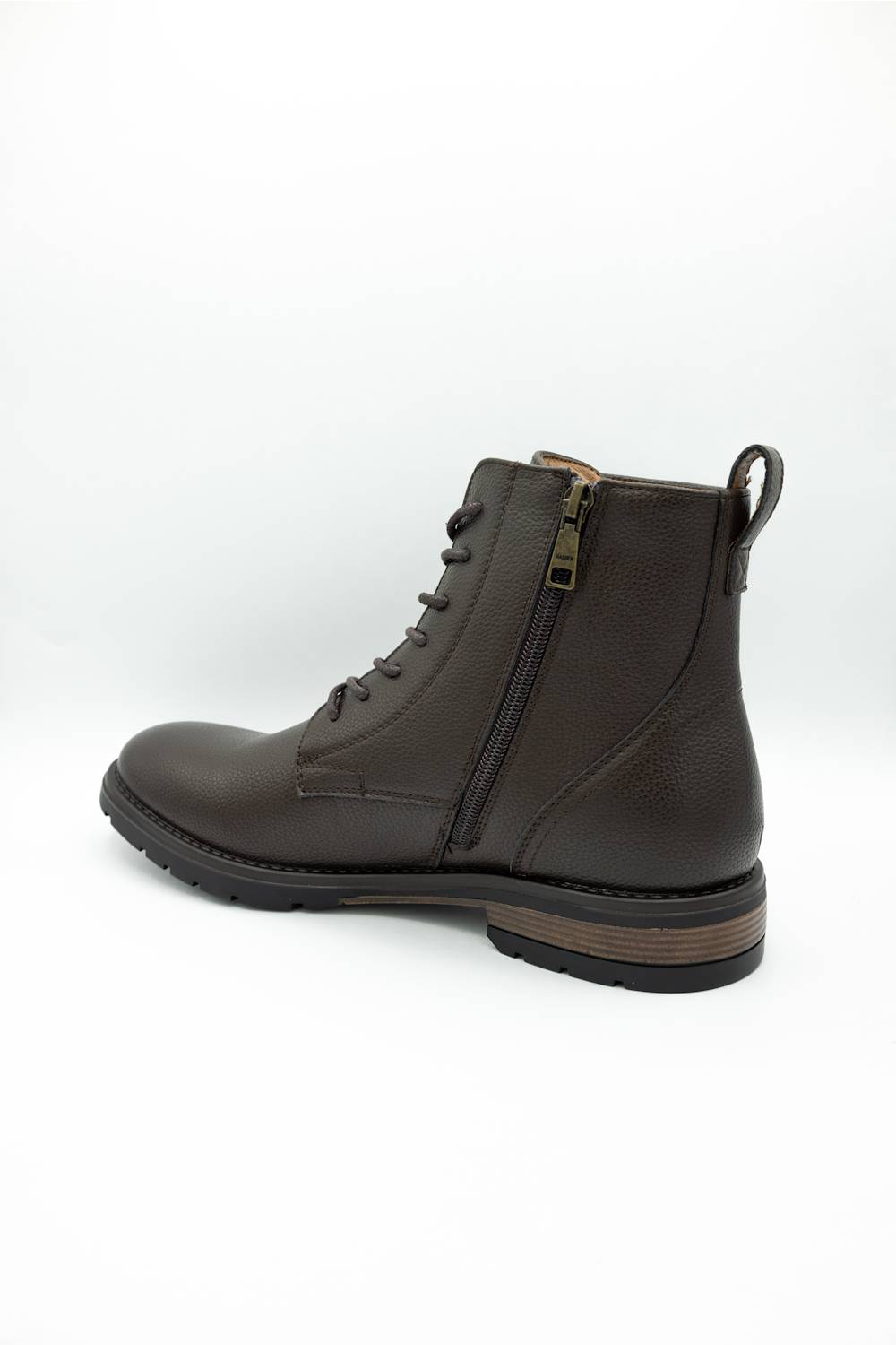 A dark brown leather lace-up ankle boot with a side zipper, a low stacked heel, and a pull tab, shown from a side profile view on a light gray background.